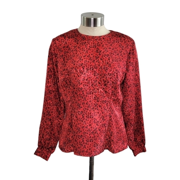 Vtg 80s Nicole Blake Petites Peplum Button Back Silky Blouse Red & Black Size 6P - Picture 2 of 10